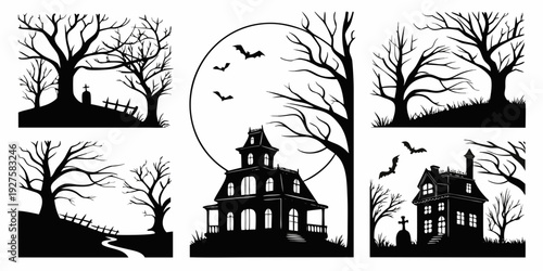 A hauntingly beautiful scene of a moonlit house surrounded by trees Vector