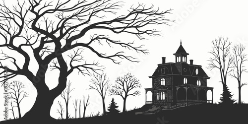 A solitary church stands amidst a barren landscape with leafless trees. Vector