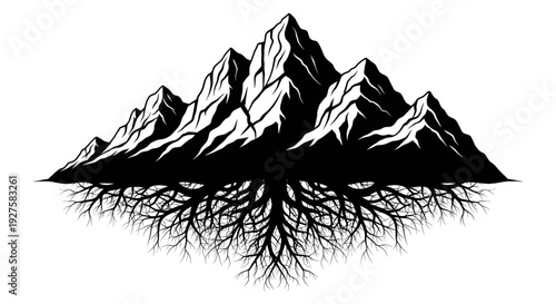 Silhouette of a rugged mountain range with a deep underground root system