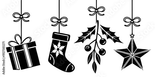 Assorted christmas decorations hanging from strings including a gift, stocking, pine cone, and star. Vector