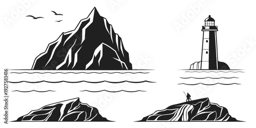 A serene landscape featuring majestic mountains and a solitary lighthouse by the sea Vector