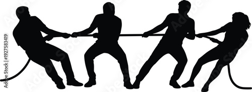 Tug of war team silhouettes, men pulling rope competition black vector illustration isolated on white background sport concept