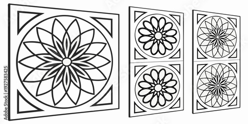 Intricate geometric patterns and symmetrical designs showcased in a triptych format Vector