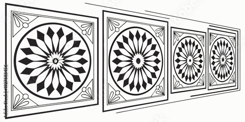 A series of four identical circular patterns with intricate designs on a white background Vector