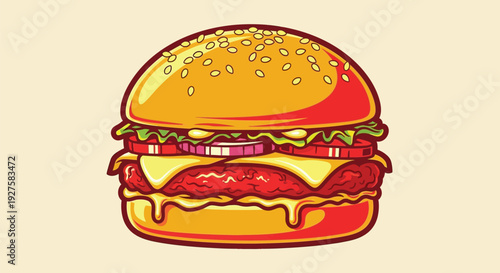 Juicy cheeseburger with melted cheese and sesame seed bun vector illustration