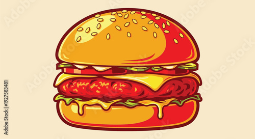 Juicy cheeseburger with melted cheese and sesame seed bun vector illustration