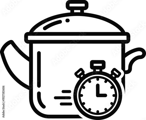 Black line art of a pot with a lid and stopwatch vector illustration