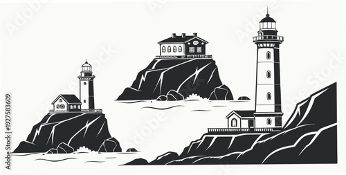 Three lighthouses standing tall on rocky cliffs overlooking the sea Vector