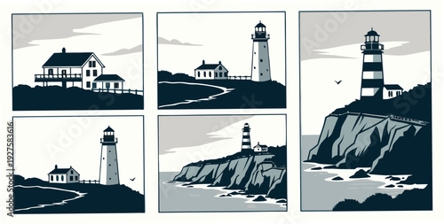 Four distinct lighthouses captured in various scenic coastal locations. Vector