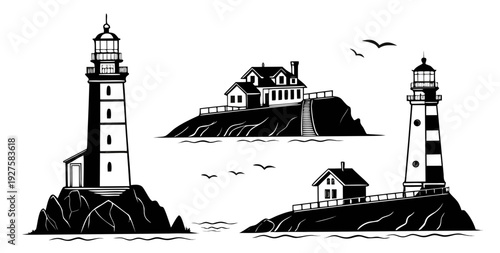 Serene coastal scene featuring a lighthouse, houses, and a sailboat under a clear sky Vector