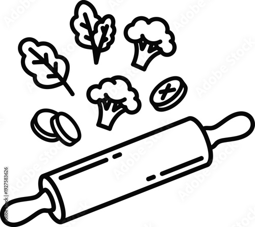 Vegan baking ingredients vector illustration, flat design rolling pin with vegetables and nuts