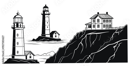 Lighthouse and house on a cliff overlooking the ocean Vector