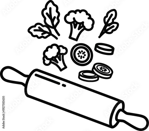 Vegetable pizza ingredients with rolling pin vector illustration