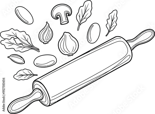 Rolling pin with fresh vegetables and herbs vector illustration, flat design