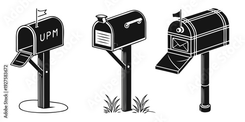 Three black mailboxes standing in a row on a grassy lawn Vector
