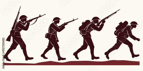 A group of soldiers marching in a line with rifles, depicted in a stylized manner. Vector