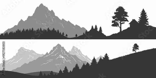 Majestic mountain landscapes with trees and snow-capped peaks under a clear sky Vector