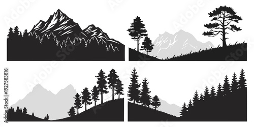 A serene landscape featuring four distinct mountain ranges with diverse flora and fauna Vector