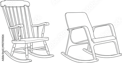 Classic and modern rocking chair outline drawing, flat vector illustration of wooden and contemporary furniture isolated on white background