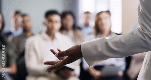 Tableau sur toile Business, speaker and hand with audience for presentation, seminar or company workshop