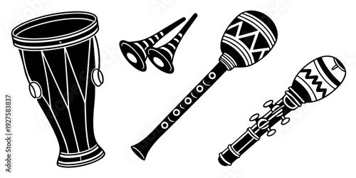 Illustration of various percussion instruments including a drum, maracas, and a tambourine Vector