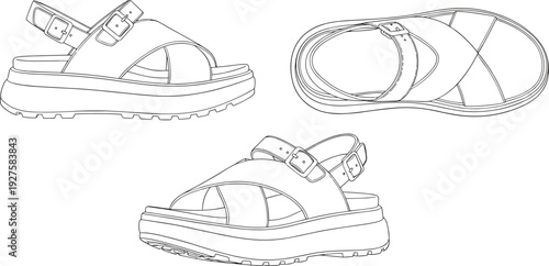 Chunky platform sandals outline drawing set, flat vector illustration of buckle strap summer footwear isolated on white background