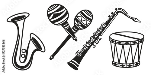 A variety of musical instruments including a saxophone, clarinet, and drum set Vector
