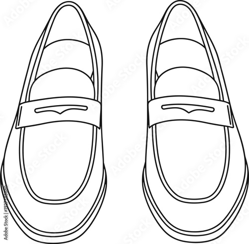 Classic women loafers outline drawing, flat vector illustration of stylish slip on shoes isolated on white background