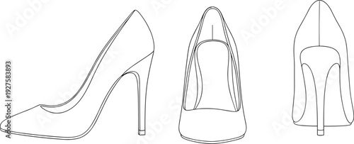 Elegant high heel pumps outline drawing set, flat vector illustration of women stiletto shoes isolated on white background