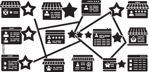 E-commerce network and rating system icons in black and white