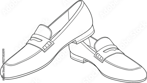 Elegant women buckle loafers outline drawing, flat vector illustration of classic formal slip on shoes isolated on white background