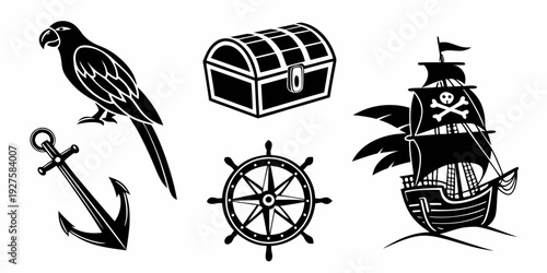 A collection of nautical symbols including a pirate ship, a crow, an anchor, a ship wheel, and a treasure chest Vector