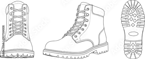 Lace up leather boots outline vector set, rugged ankle footwear multiple views detailed line art isolated on white background
