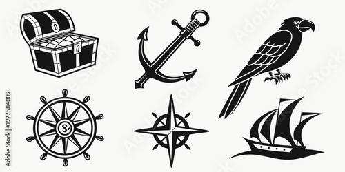 A collection of nautical and pirate-themed icons including a treasure chest, anchor, bird, compass, and sailboat Vector