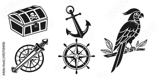 Vintage nautical and treasure hunting symbols with a bird illustration Vector