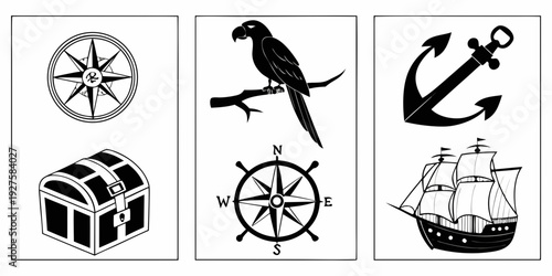 Collection of iconic symbols representing navigation, exploration, and adventure Vector