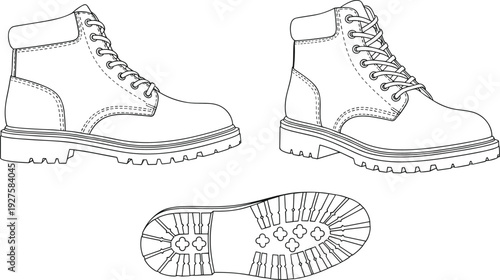 Leather ankle boots outline vector set, lace up rugged footwear multiple views line art isolated on white background