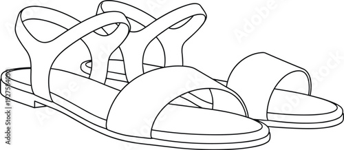 Minimalist women summer sandals outline drawing, flat vector illustration of open toe strappy footwear isolated on white background