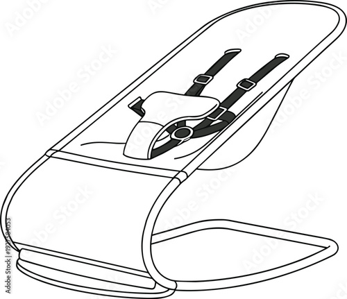 Modern baby rocker chair outline drawing, flat vector illustration of infant bouncer seat isolated on white background