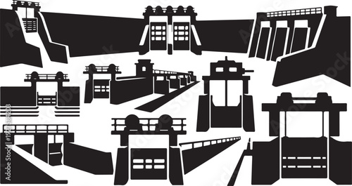 Black and white illustration of Japanese gate buildings landscape