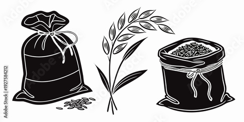 A collection of vintage sacks and a bundle of wheat in a rustic setting Vector