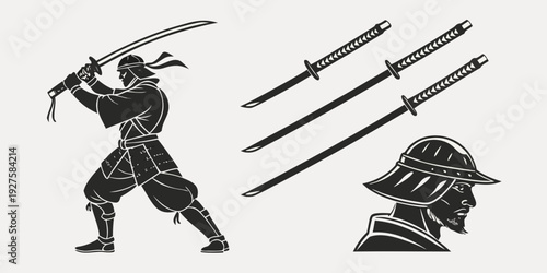 A ninja holding a sword with three other swords in the background. Vector