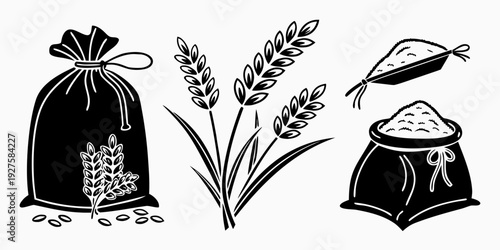A collection of agricultural items including grains, a bag of produce, and a bird Vector