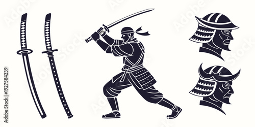Samurai warriors in traditional attire with swords and armor Vector