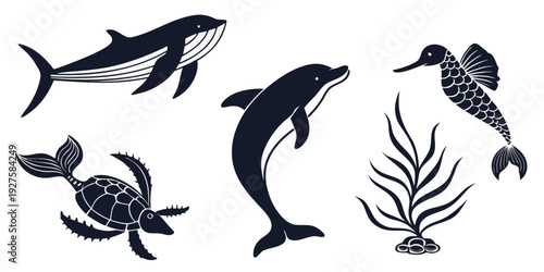 Diverse aquatic creatures showcasing marine life and prehistoric reptiles Vector
