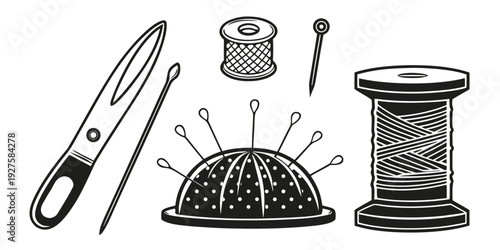 Vintage sewing kit with various tools and materials for crafting Vector