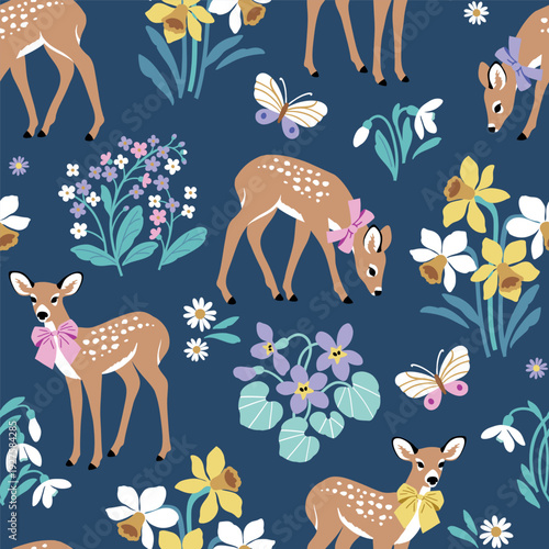 Cute woodland deer and spring flowers. Hand drawn floral background. Seamless vector pattern with fawn and butterfly.