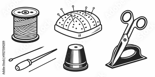 Assorted sewing tools and materials arranged on a flat surface Vector