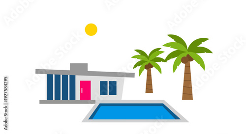 House with pool illustration, vector style graphic, summer vacation, travel, tourism concept