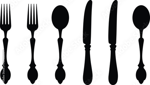 Vintage cutlery silhouette set with forks, knives and spoons, classic tableware collection, black vector illustration isolated on white background